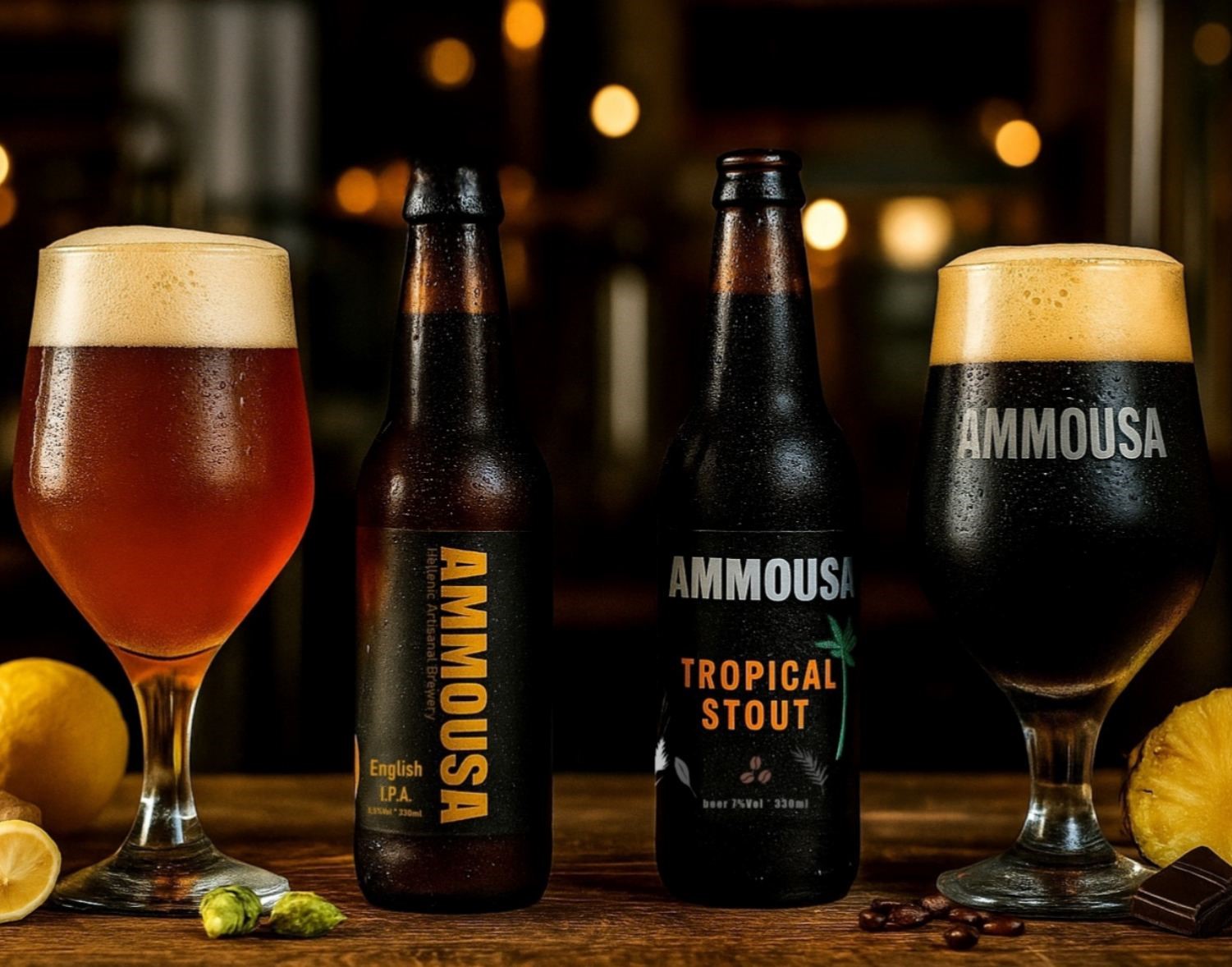 AMMOUSA BEERS: English IPA 5.5% with ginger & Tropical Stout 7% with vanilla and coffee